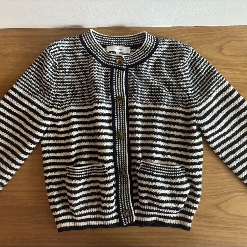 Frame Denim Black and White Striped Knit Cardigan